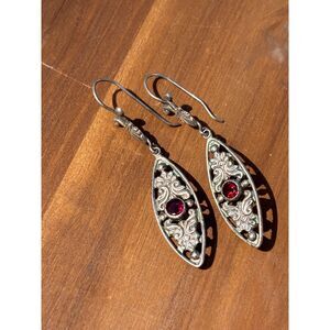 Vintage .925 Sterling Silver Filigree Garnet Victorian Inspired Drop Earrings